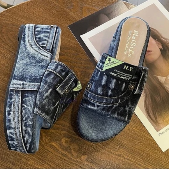 MeiSiLe brand platform, bohemian slide wedge.
denim slip ons. - Picture 2 of 13